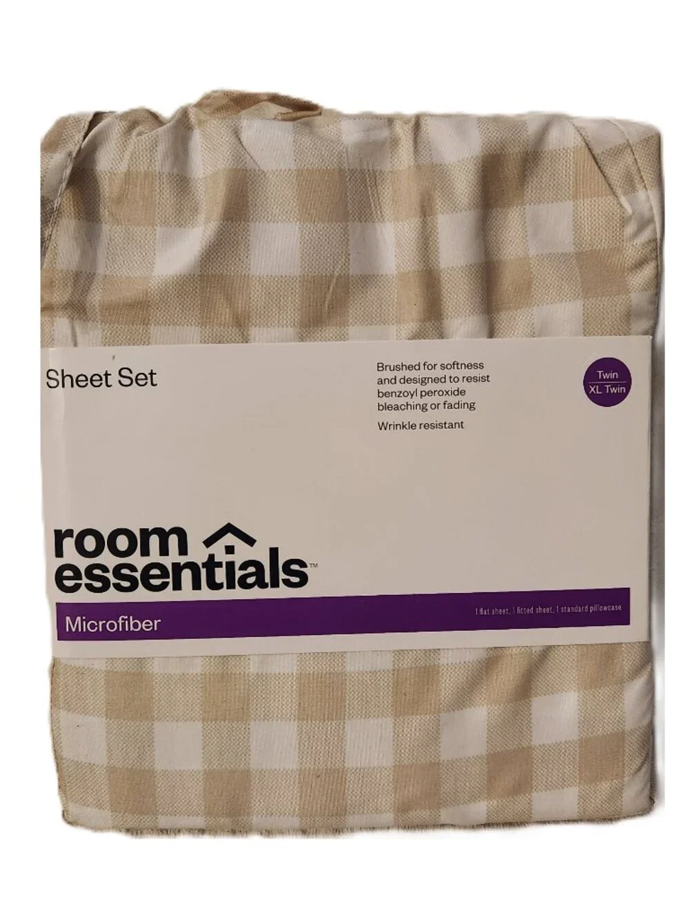 Room Essentials Microfiber Twin Sheet Set Tan Plaid - NEW NWT